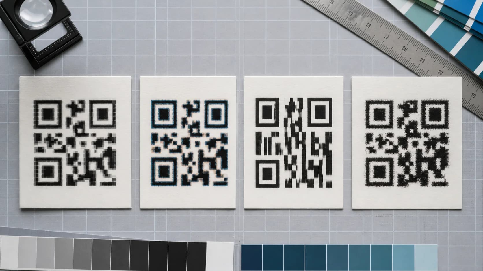 QR Code Blurred – Production Causes Printed QR code samples showing pixelation compression distortion and ink spread