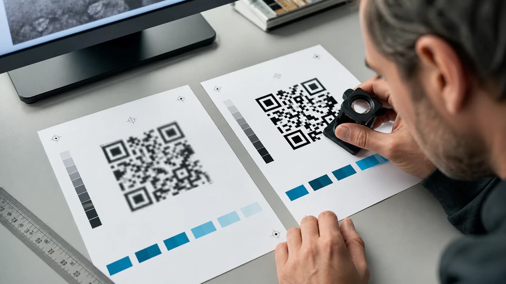 QR Code Blurred – Before and After Fix Prepress specialist comparing a blurry QR code proof with a crisp replacement