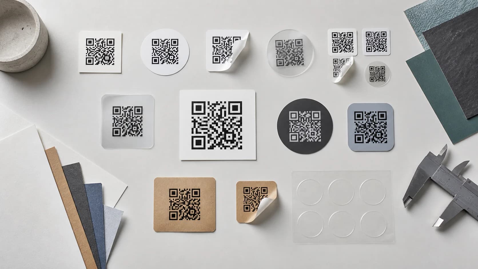 QR Code Stickers – Material and Size Guide QR code sticker samples in paper vinyl clear film matte and glossy materials