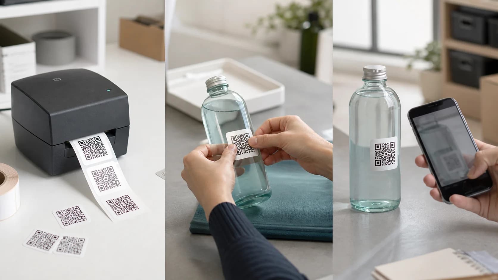 QR Code Stickers – Print Apply and Test Workflow QR code stickers being printed applied to a bottle and tested with a phone