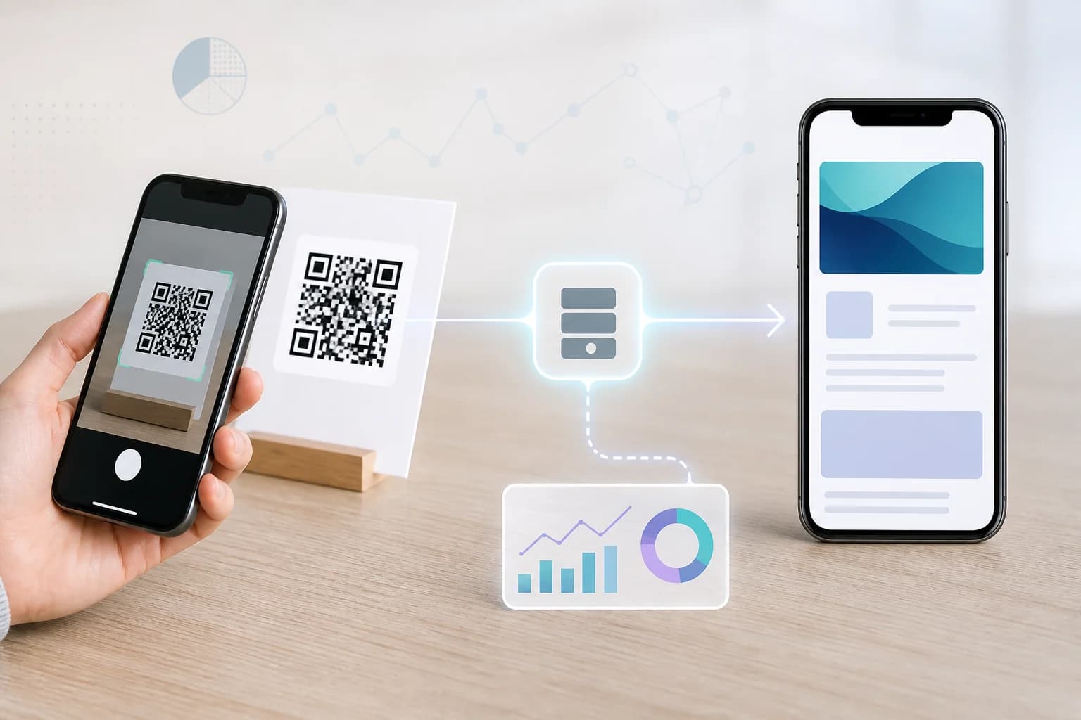 Diagram showing a dynamic QR scan passing through a trackable redirect before the destination page