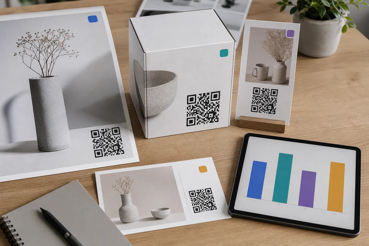 Separate QR codes assigned to a poster, counter card, package, and receipt for placement-level tracking
