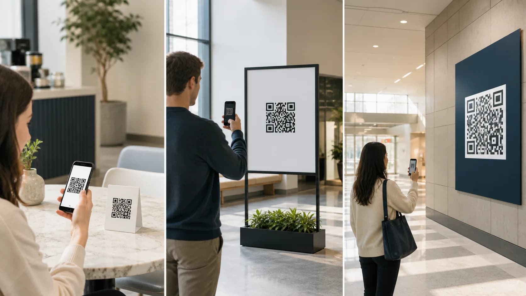 QR Codes in Print – Size and Distance Comparison of QR codes on a table card poster and large sign at increasing scan distances