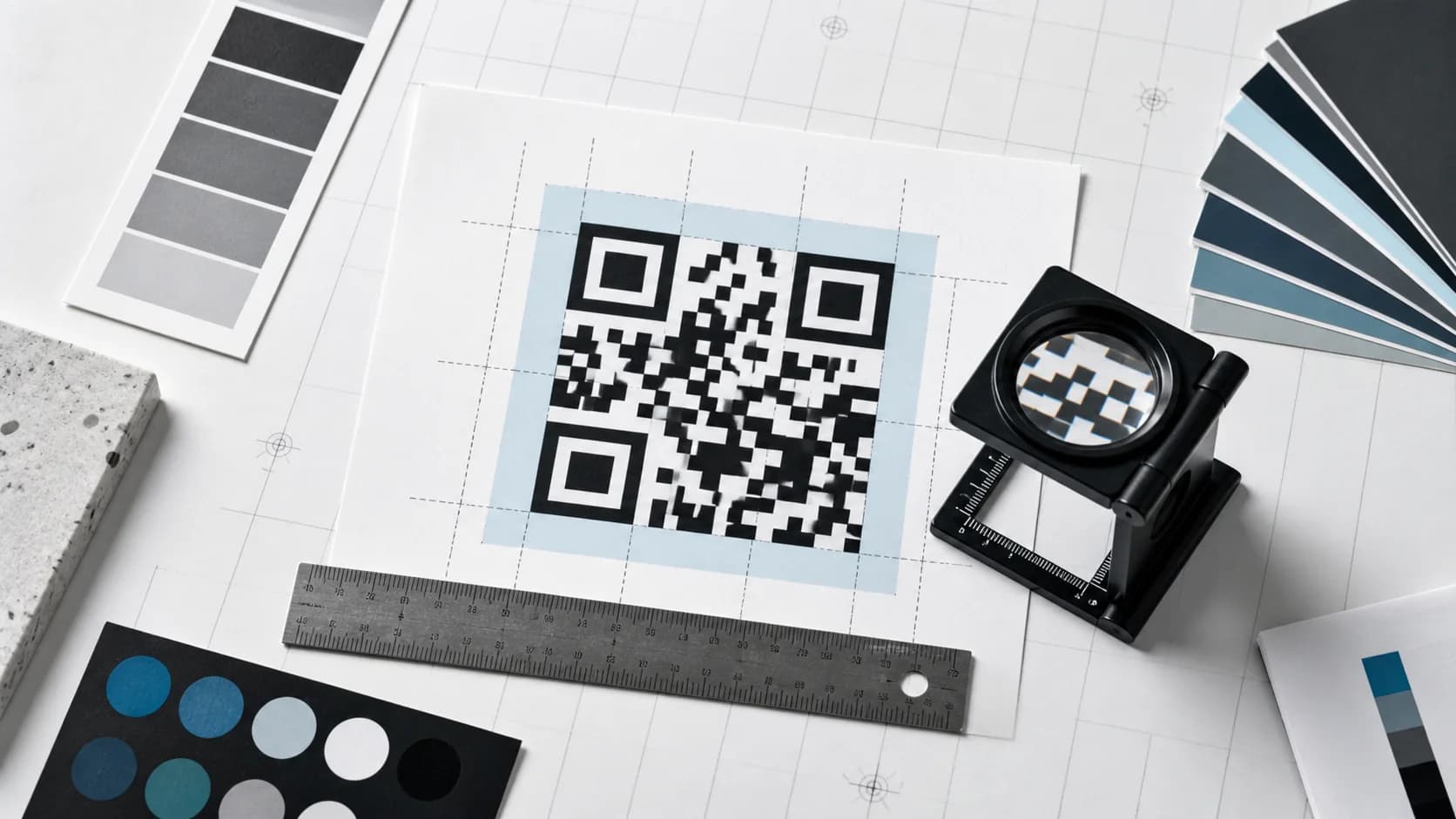 QR Codes in Print – Preflight Inspection QR code print proof with quiet zone ruler loupe and contrast swatches
